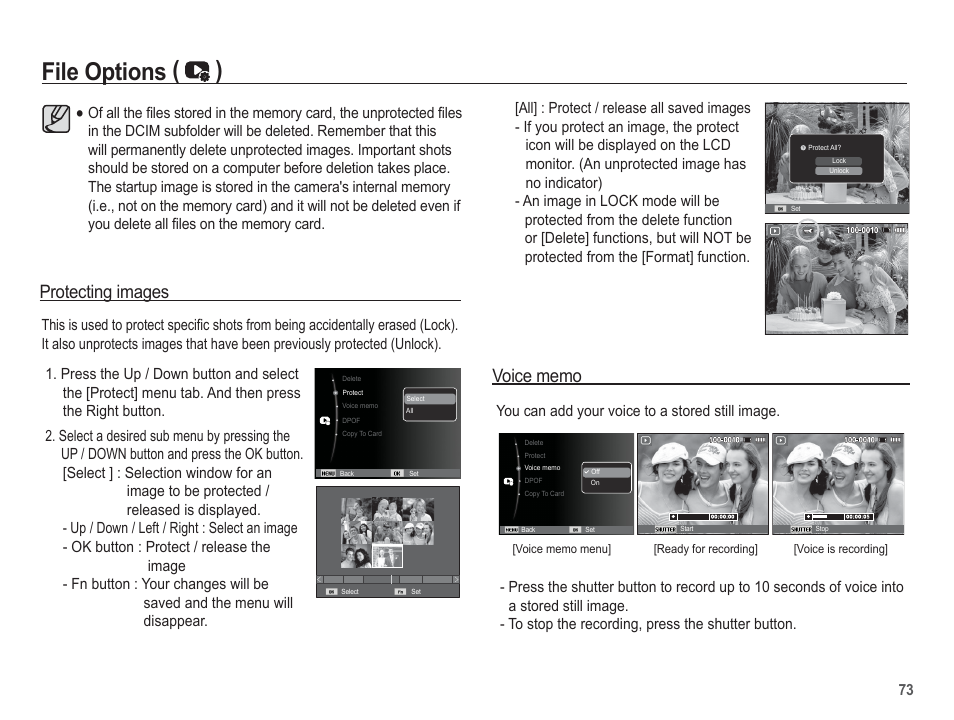 File options ( ), Protecting images, You can add your voice to a stored still image | Samsung EC-SL502ZBPBUS User Manual | Page 74 / 103