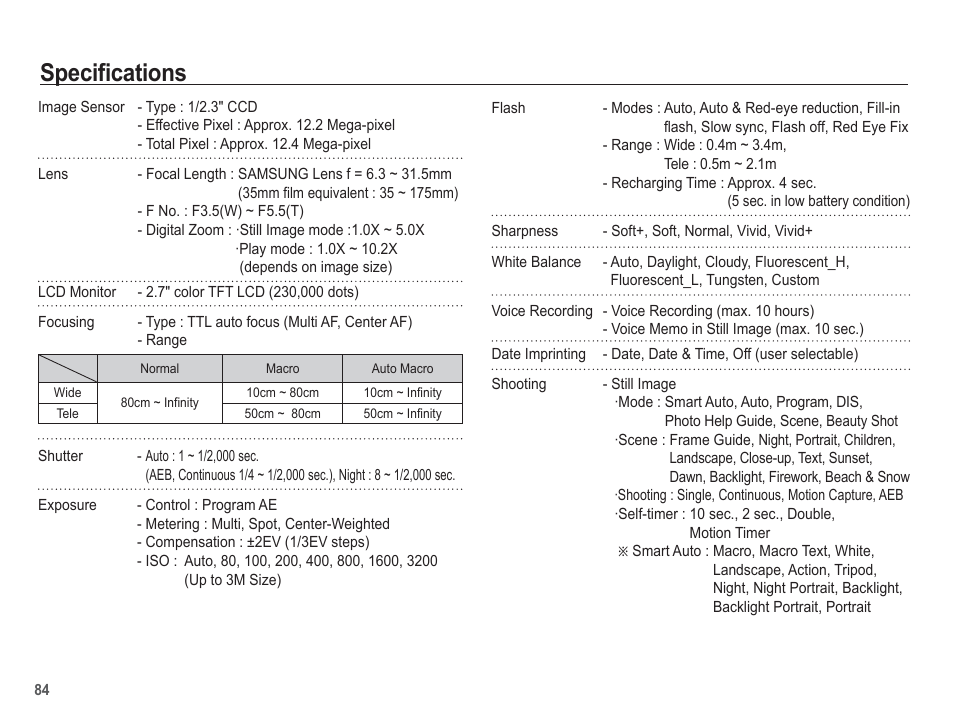Specifications | Samsung EC-SL502ZBPBUS User Manual | Page 85 / 103