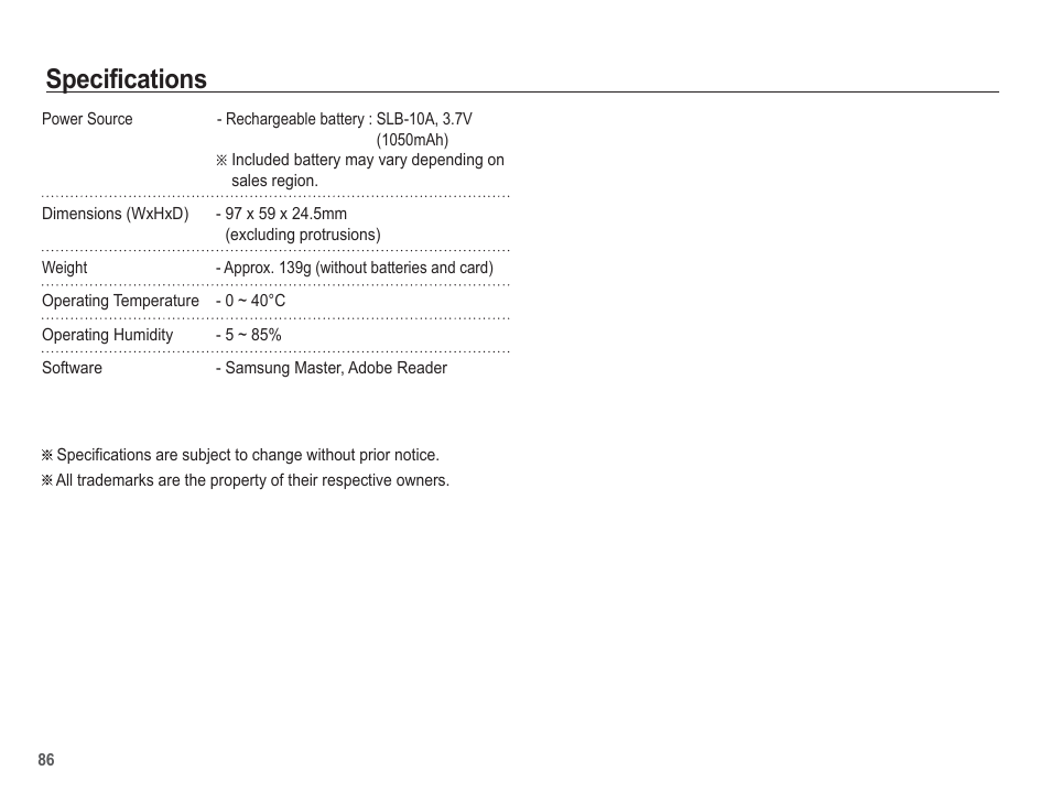 Specifications | Samsung EC-SL502ZBPBUS User Manual | Page 87 / 103