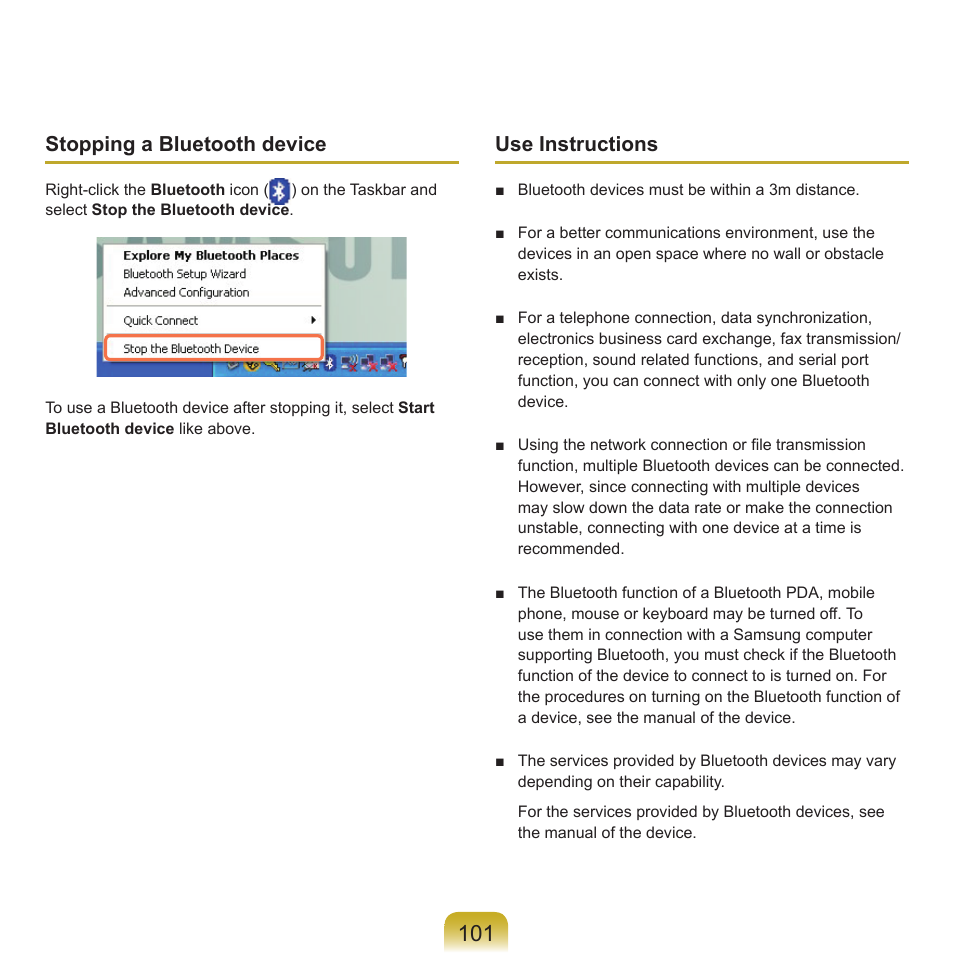 Stopping a bluetooth device, Use instructions | Samsung NP-X22-K01-SEA User Manual | Page 102 / 188