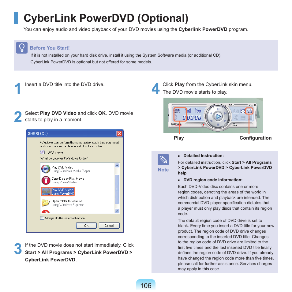 Cyberlink powerdvd (optional) | Samsung NP-X22-K01-SEA User Manual | Page 107 / 188