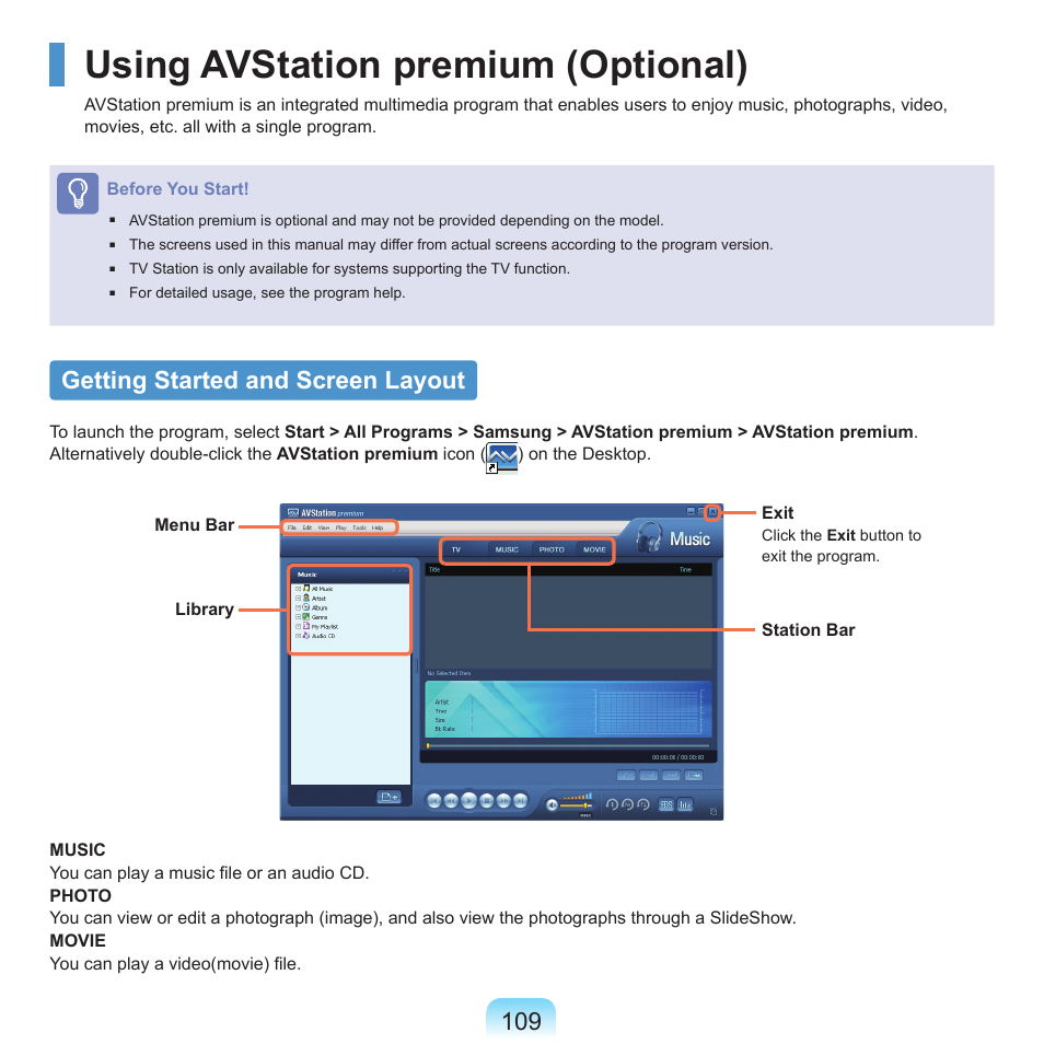 Using avstation premium (optional), Getting started and screen layout | Samsung NP-X22-K01-SEA User Manual | Page 110 / 188