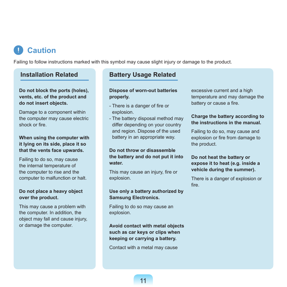 Caution, Installation related battery usage related | Samsung NP-X22-K01-SEA User Manual | Page 12 / 188