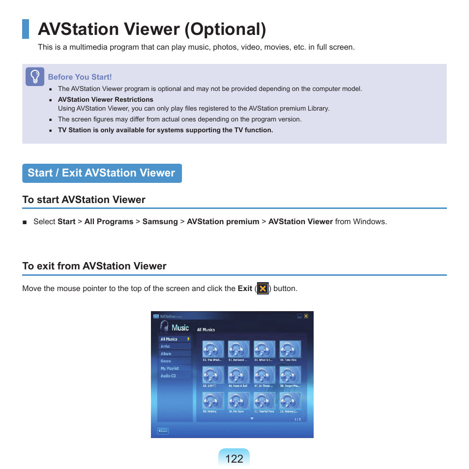 Avstation viewer (optional), Start / exit avstation viewer | Samsung NP-X22-K01-SEA User Manual | Page 123 / 188