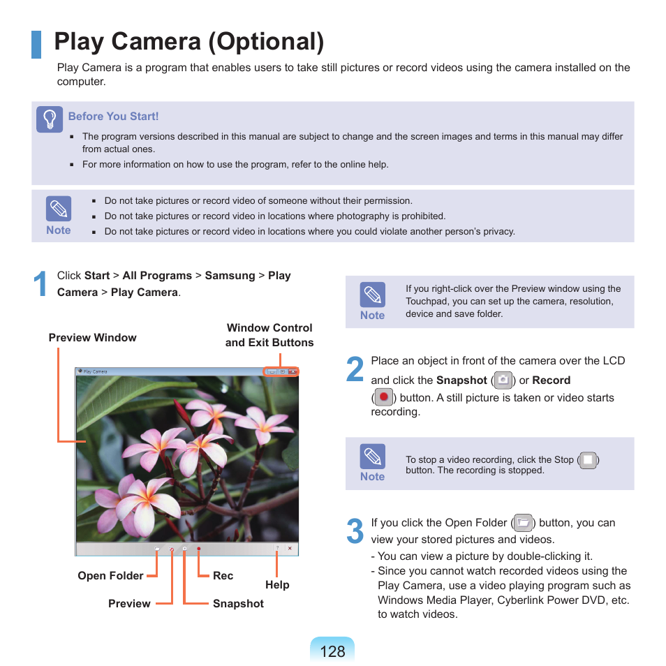 Play camera (optional) | Samsung NP-X22-K01-SEA User Manual | Page 129 / 188