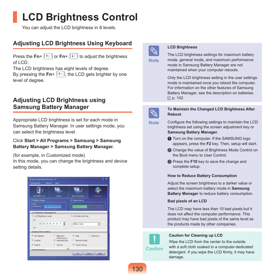 Lcd brightness control, Adjusting lcd brightness using keyboard | Samsung NP-X22-K01-SEA User Manual | Page 131 / 188