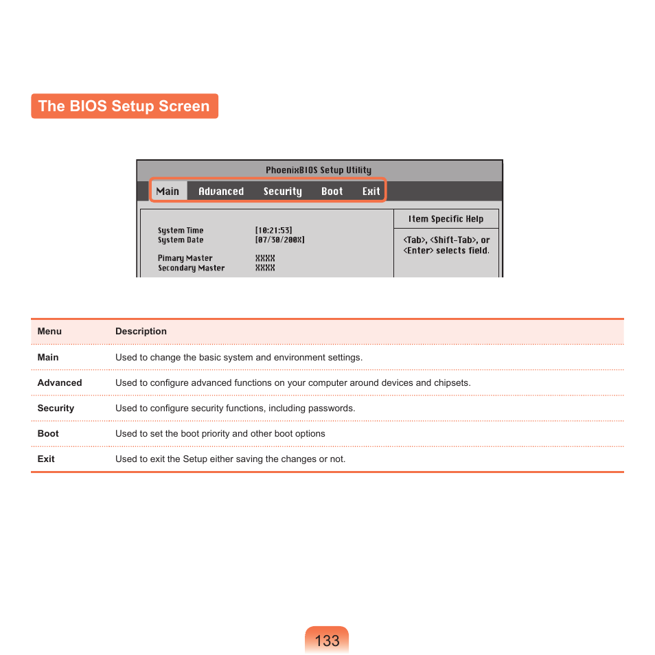 The bios setup screen, 133 the bios setup screen | Samsung NP-X22-K01-SEA User Manual | Page 134 / 188