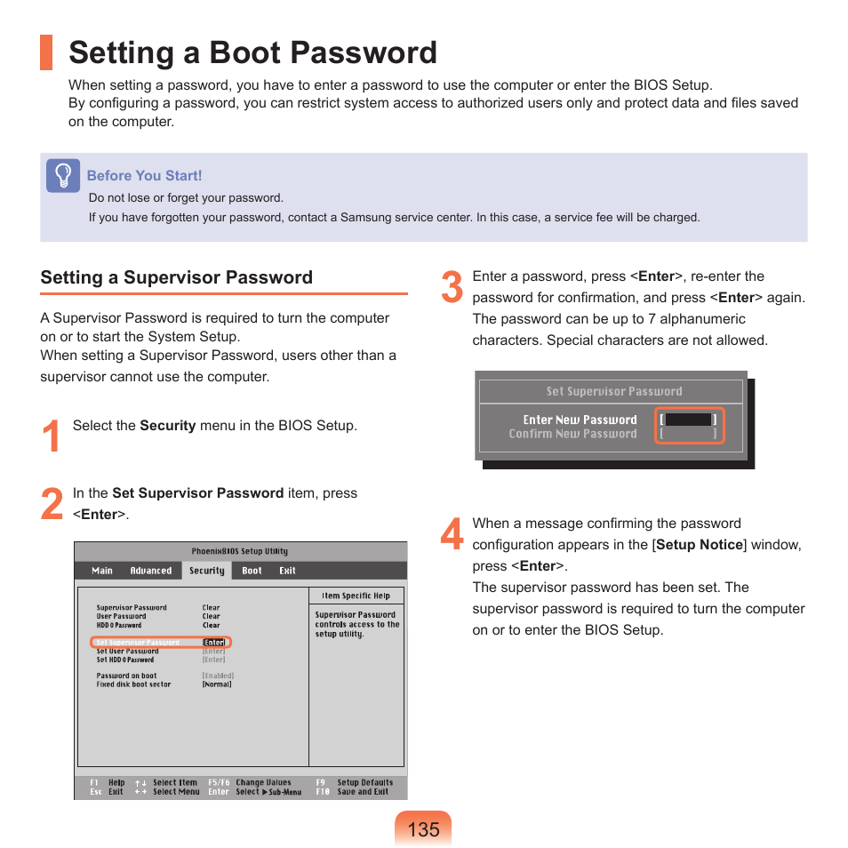 Setting a boot password | Samsung NP-X22-K01-SEA User Manual | Page 136 / 188