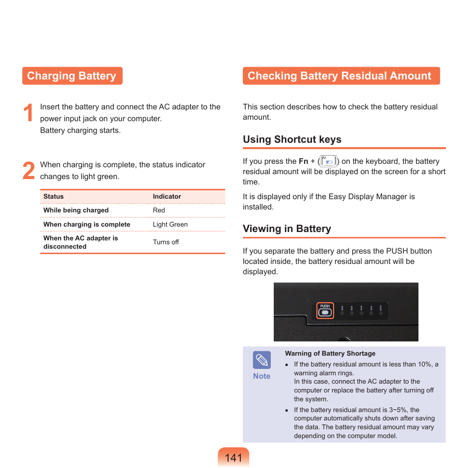 Charging battery, Checking battery residual amount, 141 charging battery | Using shortcut keys, Viewing in battery | Samsung NP-X22-K01-SEA User Manual | Page 142 / 188