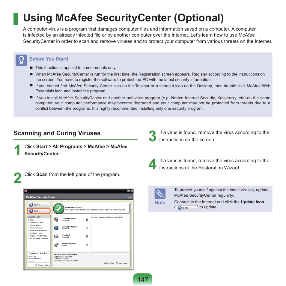 Using mcafee securitycenter (optional) | Samsung NP-X22-K01-SEA User Manual | Page 148 / 188