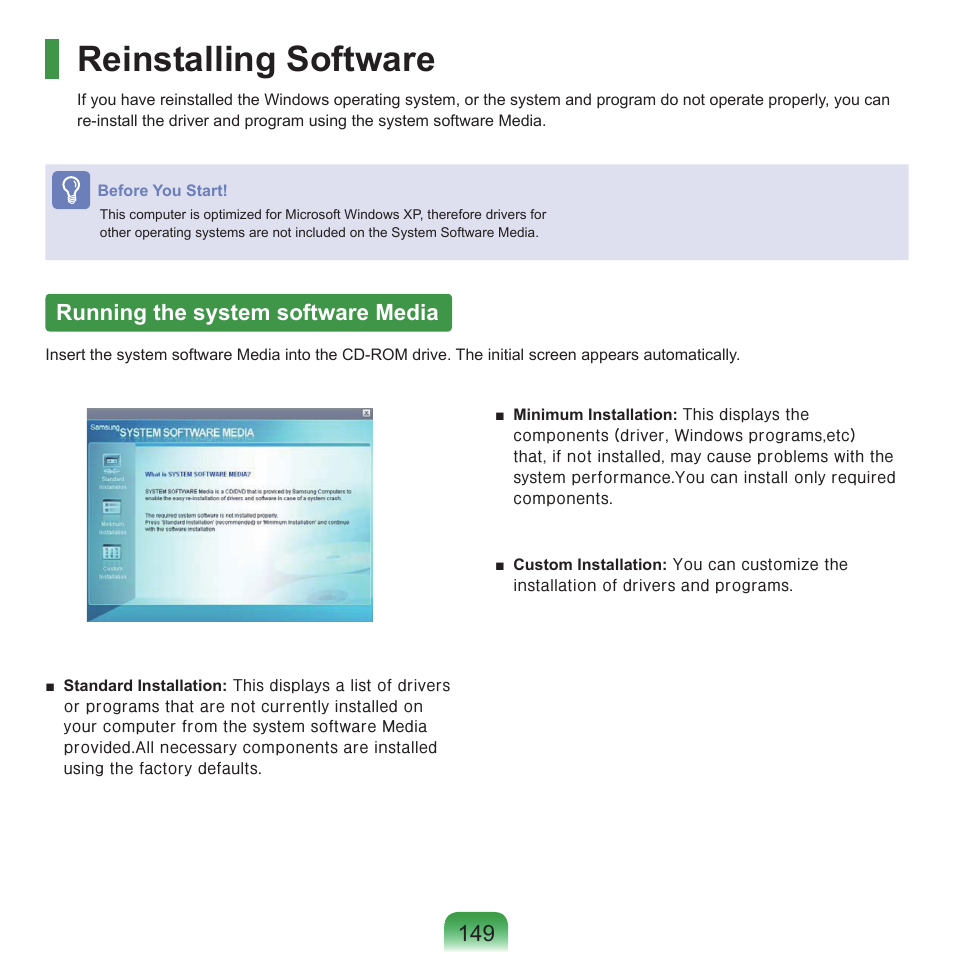 Reinstalling software, Running the system software media | Samsung NP-X22-K01-SEA User Manual | Page 150 / 188