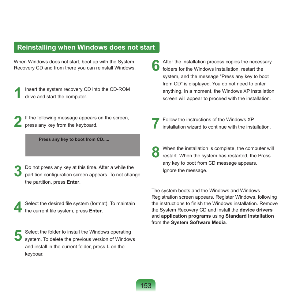 Reinstalling when windows does not start | Samsung NP-X22-K01-SEA User Manual | Page 154 / 188