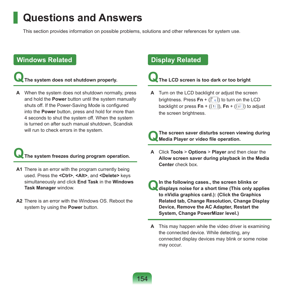 Questions and answers, Windows related, Display related | Samsung NP-X22-K01-SEA User Manual | Page 155 / 188