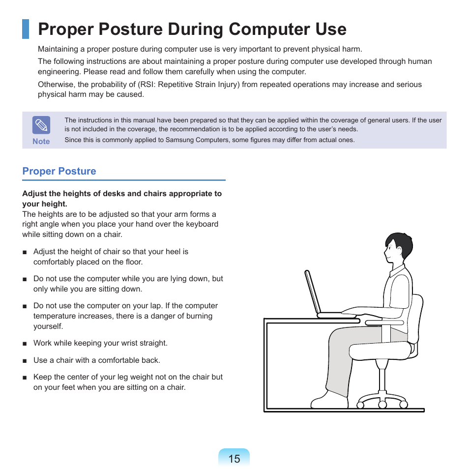 Proper posture during computer use | Samsung NP-X22-K01-SEA User Manual | Page 16 / 188