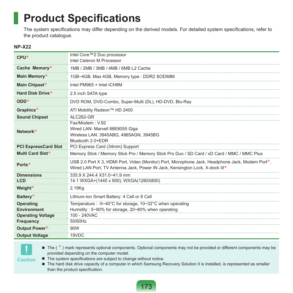Product specifications | Samsung NP-X22-K01-SEA User Manual | Page 174 / 188