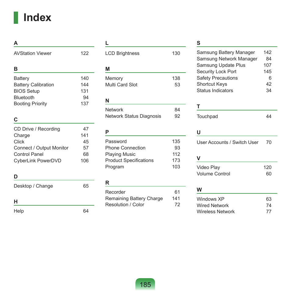 Index | Samsung NP-X22-K01-SEA User Manual | Page 186 / 188