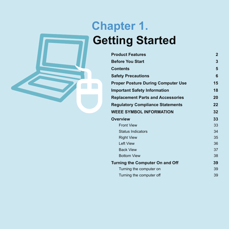 Chapter 1.getting started, Chapter 1. getting started | Samsung NP-X22-K01-SEA User Manual | Page 2 / 188