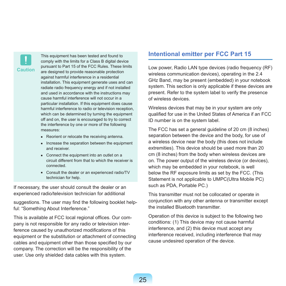 Intentional emitter per fcc part 15 | Samsung NP-X22-K01-SEA User Manual | Page 26 / 188