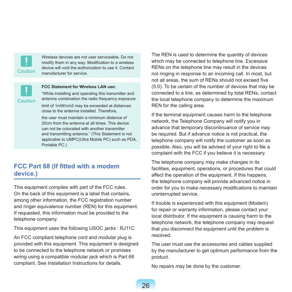 Fcc part 68 (if fitted with a modem device.) | Samsung NP-X22-K01-SEA User Manual | Page 27 / 188