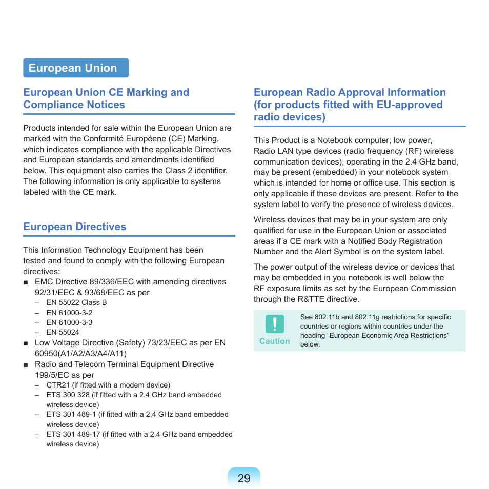 European union, European union ce marking and compliance notices, European directives | Samsung NP-X22-K01-SEA User Manual | Page 30 / 188