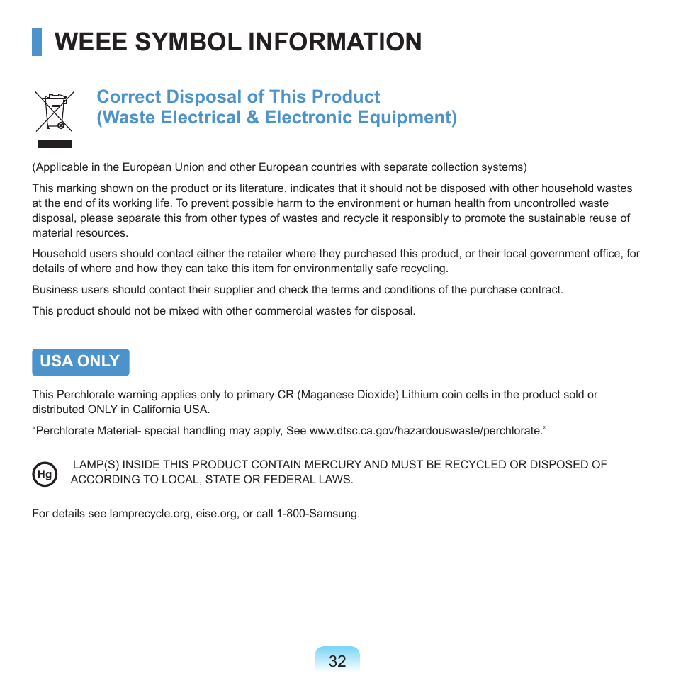 Weee symbol information | Samsung NP-X22-K01-SEA User Manual | Page 33 / 188