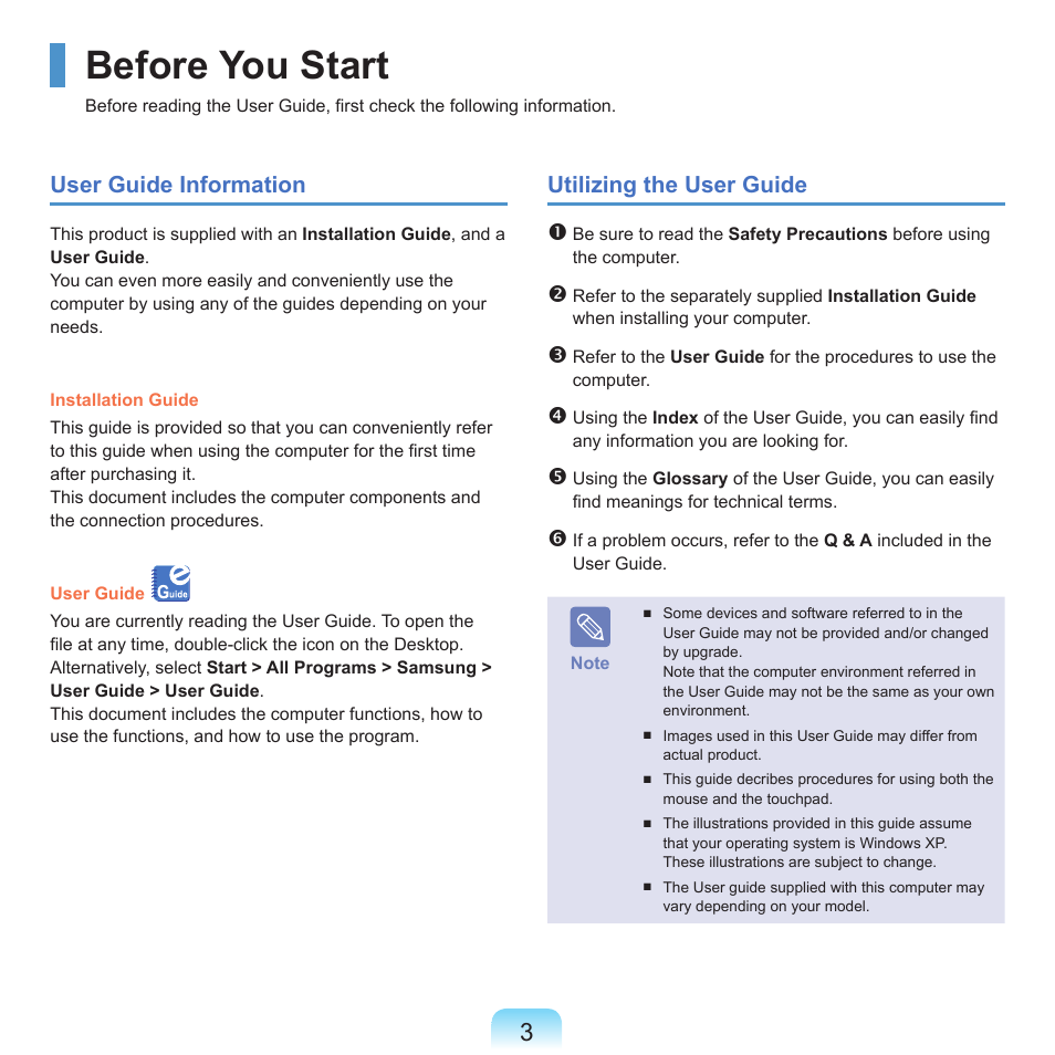 Before you start, User guide information, Utilizing the user guide | Samsung NP-X22-K01-SEA User Manual | Page 4 / 188