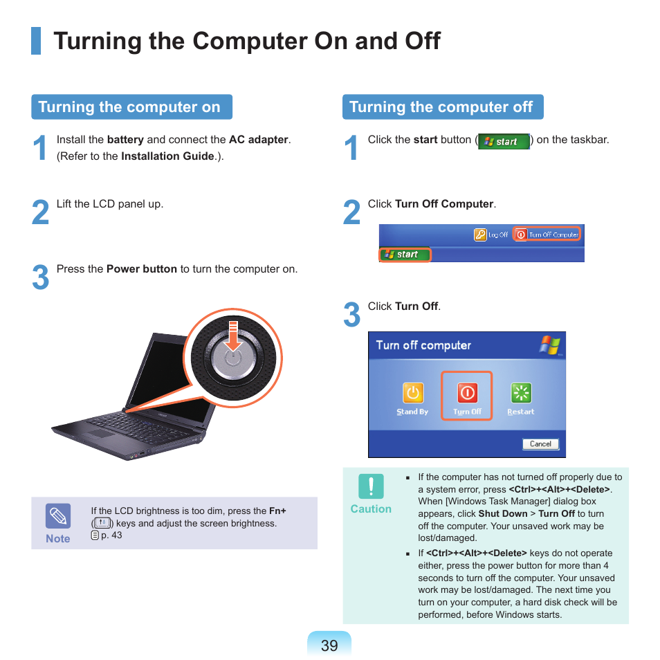 Turning the computer on and off, Turning the computer on, Turning the computer off | Samsung NP-X22-K01-SEA User Manual | Page 40 / 188