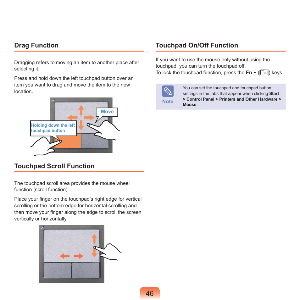 Drag function, Touchpad scroll function, Touchpad on/off function | Samsung NP-X22-K01-SEA User Manual | Page 47 / 188