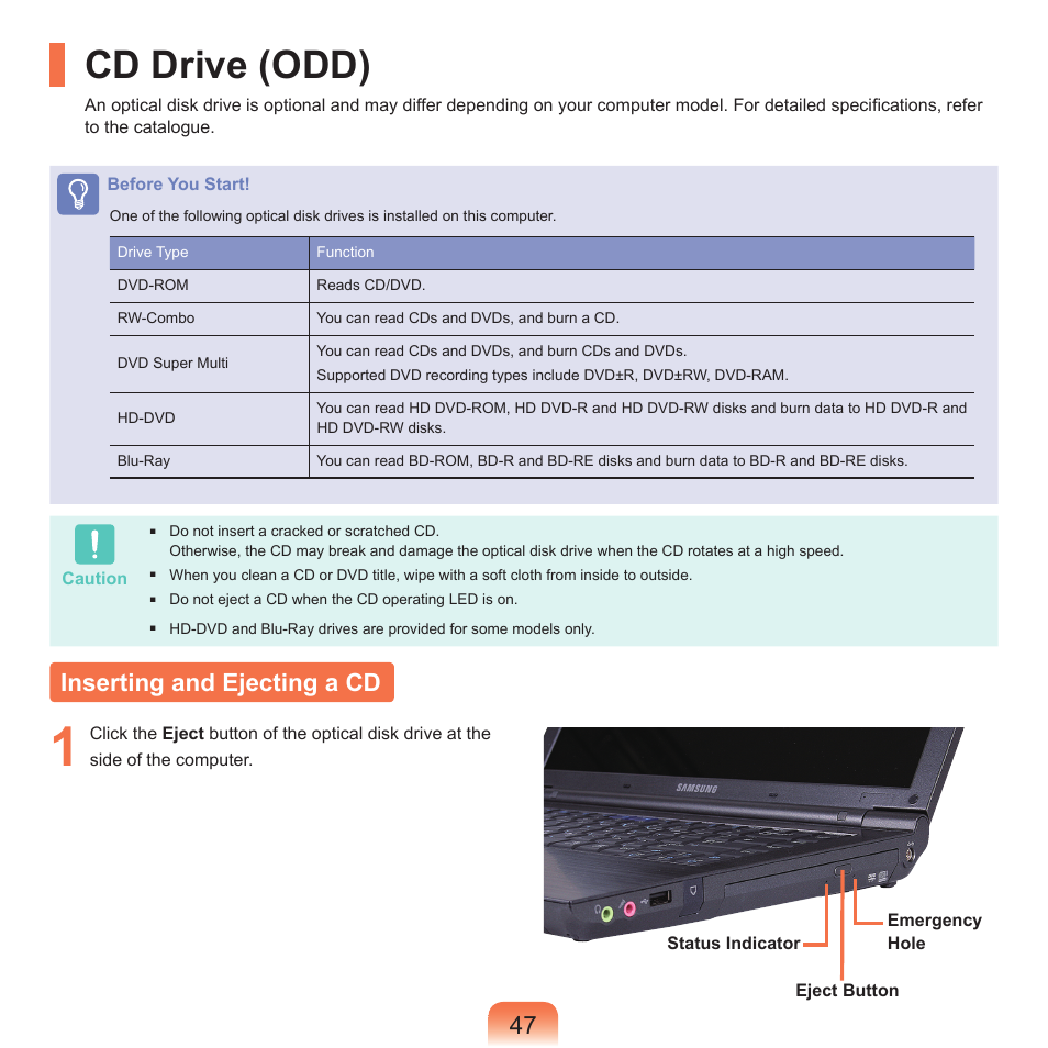 Cd drive (odd), Inserting and ejecting a cd | Samsung NP-X22-K01-SEA User Manual | Page 48 / 188