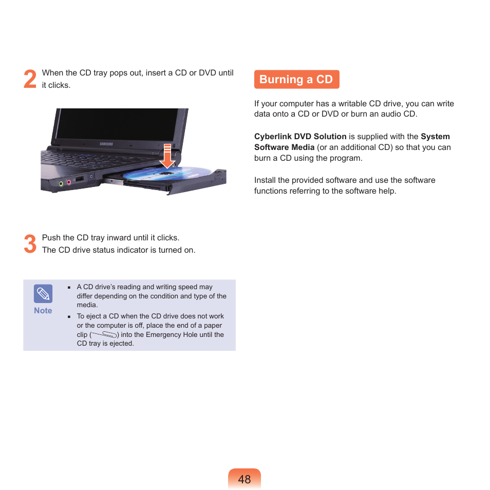 Burning a cd | Samsung NP-X22-K01-SEA User Manual | Page 49 / 188