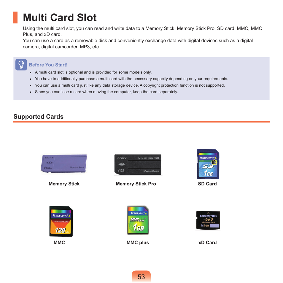 Multi card slot, Supported cards | Samsung NP-X22-K01-SEA User Manual | Page 54 / 188