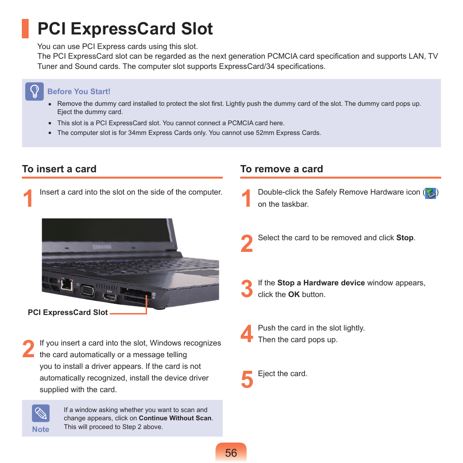 Pci expresscard slot | Samsung NP-X22-K01-SEA User Manual | Page 57 / 188