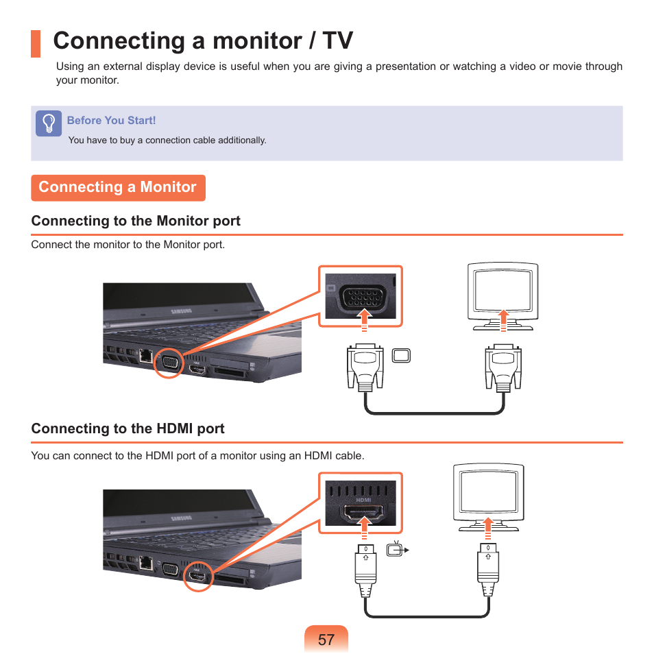 Connecting a monitor / tv, Connecting a monitor | Samsung NP-X22-K01-SEA User Manual | Page 58 / 188