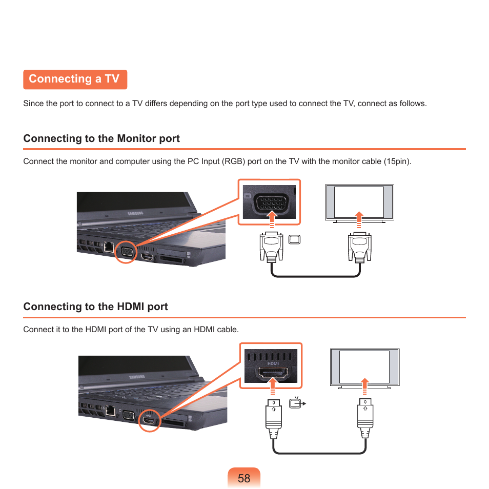 Connecting a tv | Samsung NP-X22-K01-SEA User Manual | Page 59 / 188