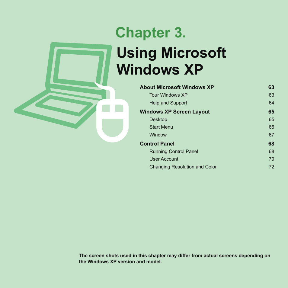 Chapter 3.using microsoft windows xp, Chapter 3, Using microsoft windows xp | Samsung NP-X22-K01-SEA User Manual | Page 63 / 188