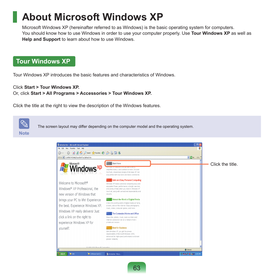About microsoft windows xp, Tour windows xp, Using microsoft windows xp | Samsung NP-X22-K01-SEA User Manual | Page 64 / 188