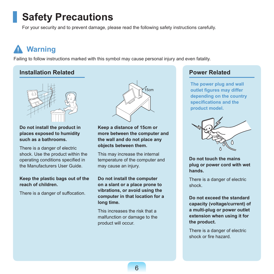 Safety precautions, Warning | Samsung NP-X22-K01-SEA User Manual | Page 7 / 188