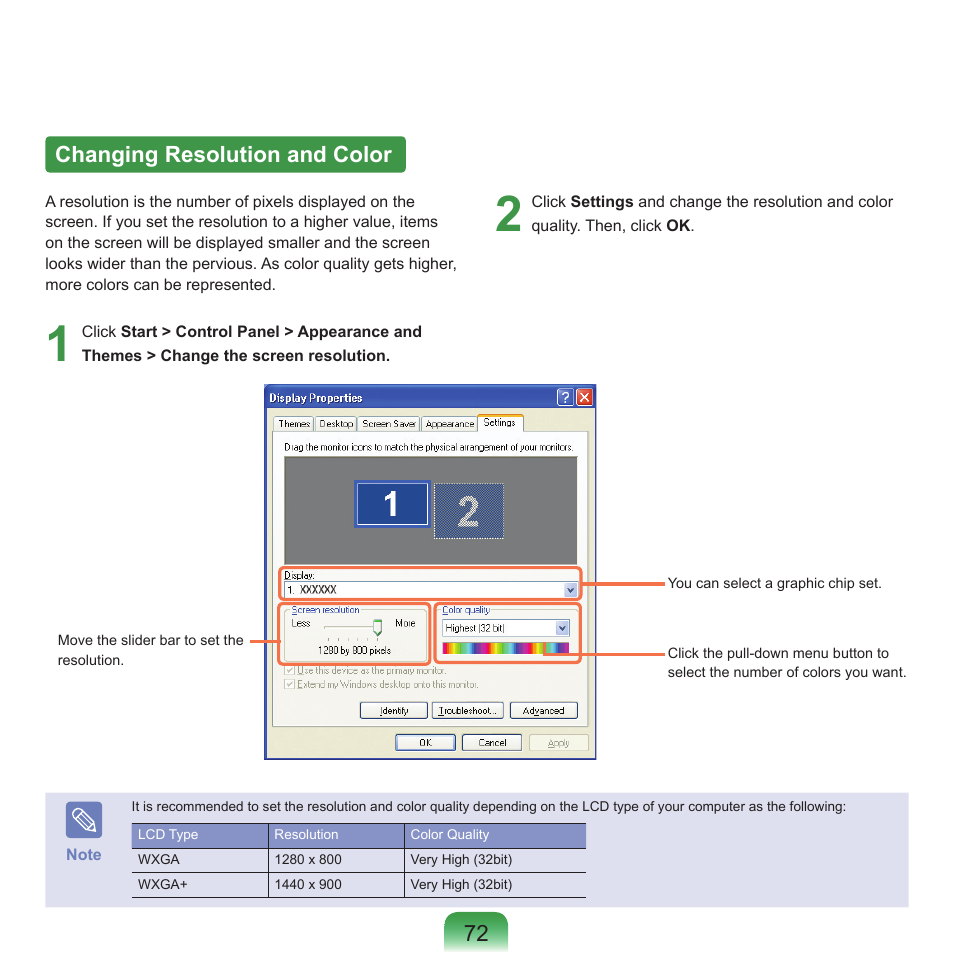 Changing resolution and color, 7 changing resolution and color | Samsung NP-X22-K01-SEA User Manual | Page 73 / 188