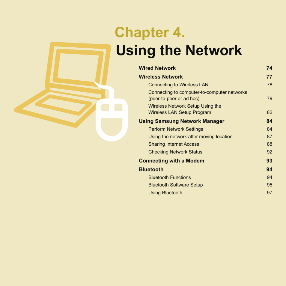 Chapter 4.using the network, Chapter 4. using the network | Samsung NP-X22-K01-SEA User Manual | Page 74 / 188