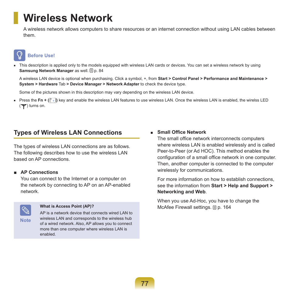 Wireless network, Types of wireless lan connections | Samsung NP-X22-K01-SEA User Manual | Page 78 / 188