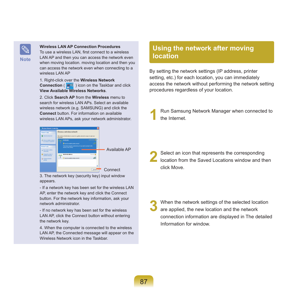 Using the network after moving location | Samsung NP-X22-K01-SEA User Manual | Page 88 / 188