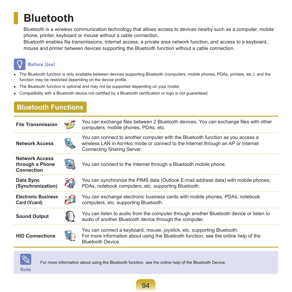 Bluetooth, Bluetooth functions | Samsung NP-X22-K01-SEA User Manual | Page 95 / 188