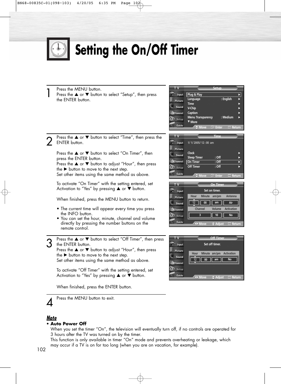 Setting the on/off timer | Samsung SPR4232X-XAP User Manual | Page 102 / 144