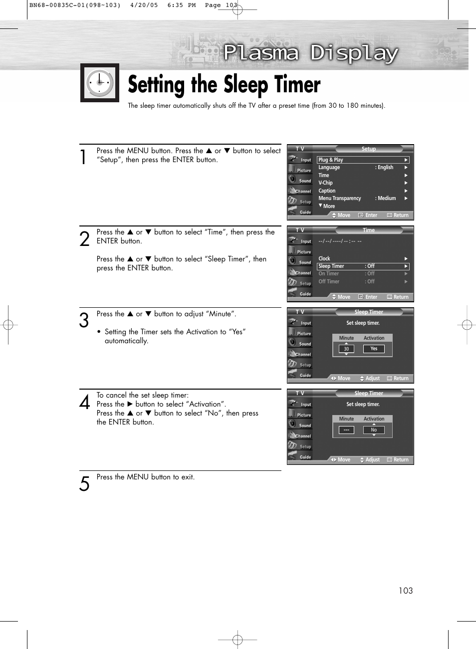Setting the sleep timer | Samsung SPR4232X-XAP User Manual | Page 103 / 144