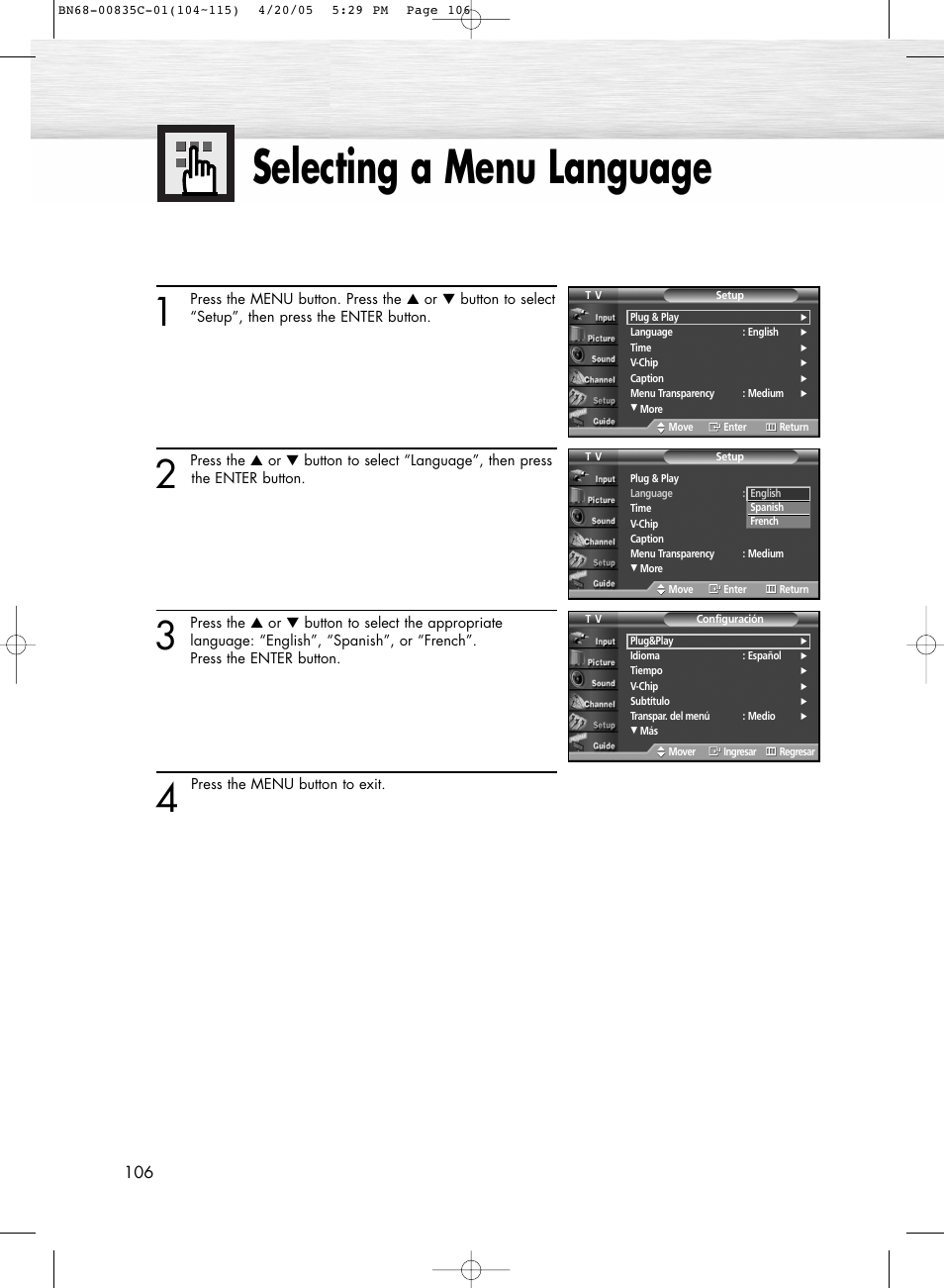 Selecting a menu language | Samsung SPR4232X-XAP User Manual | Page 106 / 144