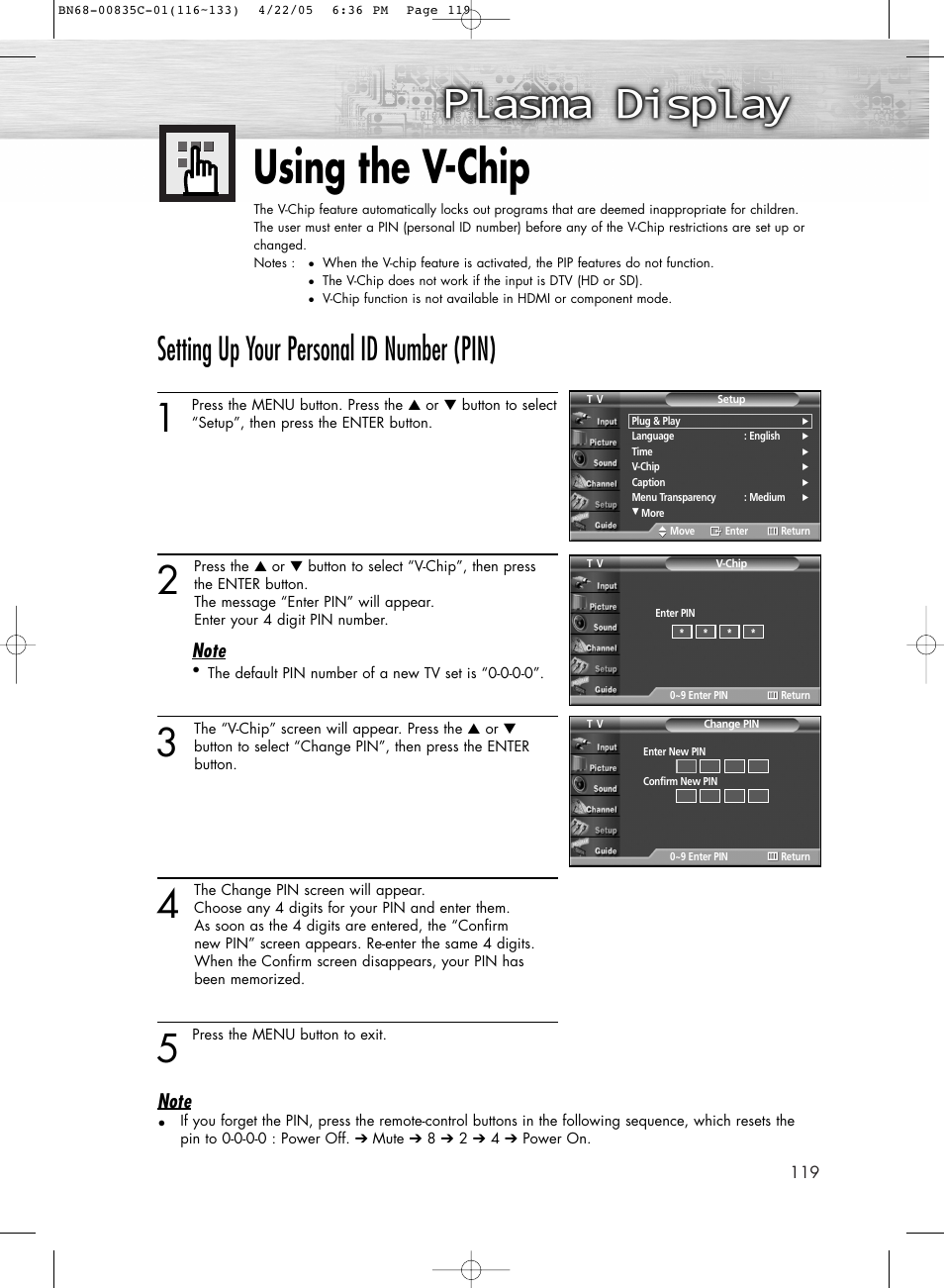 Using the v-chip, Setting up your personal id number (pin) | Samsung SPR4232X-XAP User Manual | Page 119 / 144