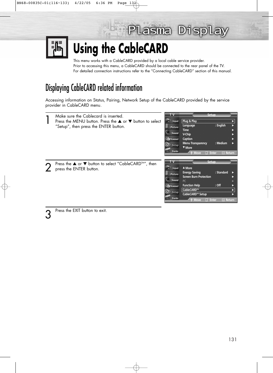 Using the cablecard, Displaying cablecard related information | Samsung SPR4232X-XAP User Manual | Page 131 / 144