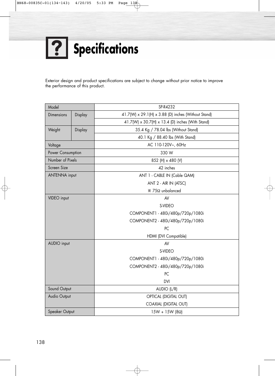 Specifications | Samsung SPR4232X-XAP User Manual | Page 138 / 144