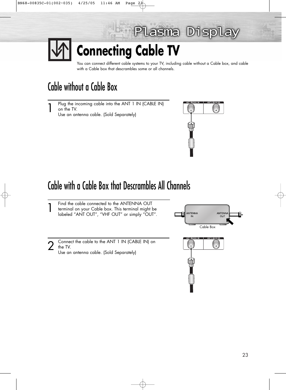 Connecting cable tv, Cable without a cable box | Samsung SPR4232X-XAP User Manual | Page 23 / 144