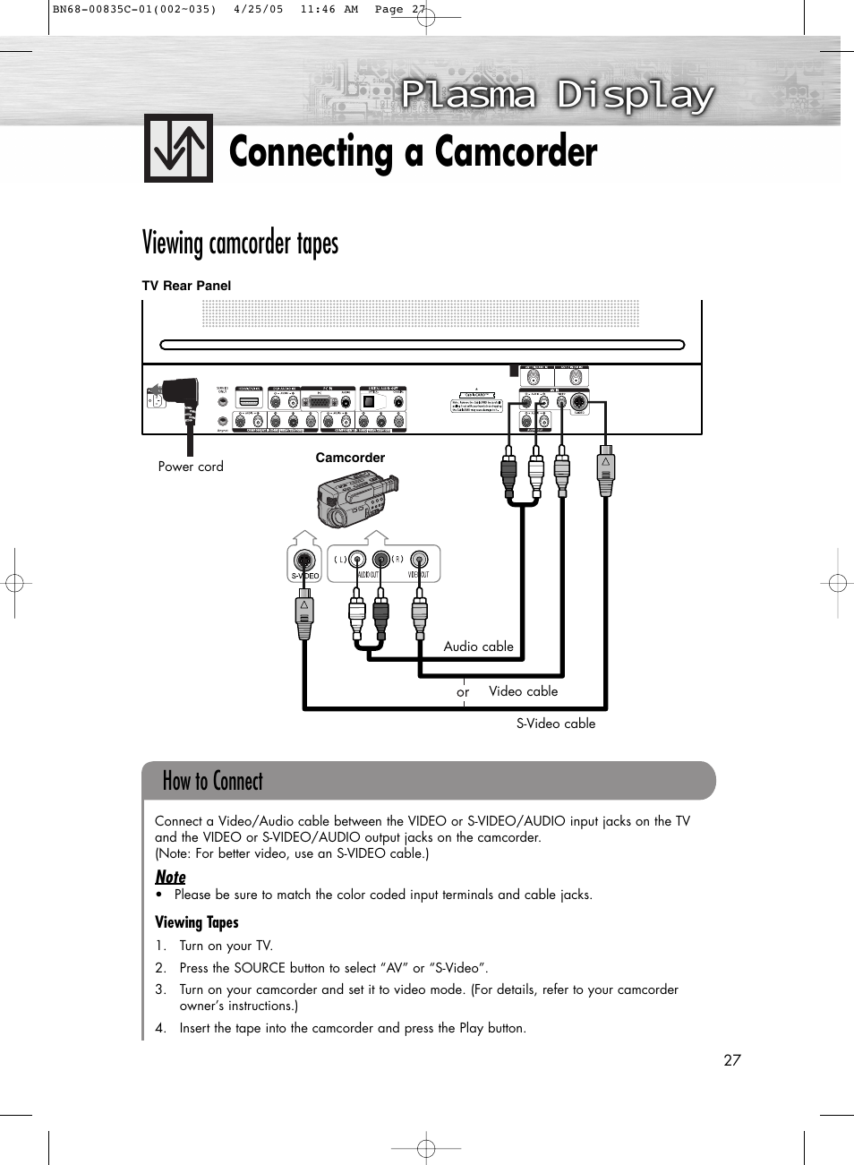 Connecting a camcorder, Viewing camcorder tapes, How to connect | Samsung SPR4232X-XAP User Manual | Page 27 / 144